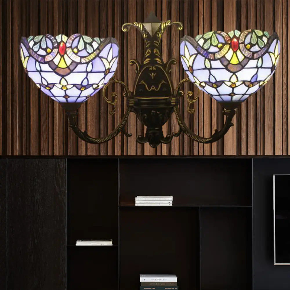 Baroque-Style Stained Glass Double Wall Sconce Lamp In Brown/Blue - Perfect For Dining Room Décor!