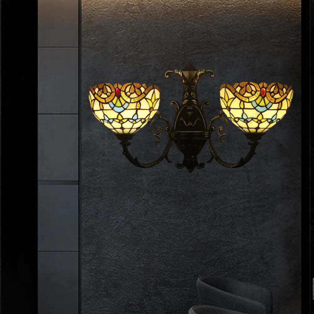 Baroque-Style Stained Glass Double Wall Sconce Lamp In Brown/Blue - Perfect For Dining Room Décor!