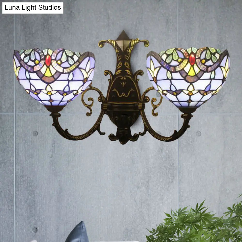 Baroque-Style Stained Glass Double Wall Sconce Lamp In Brown/Blue - Perfect For Dining Room Décor!