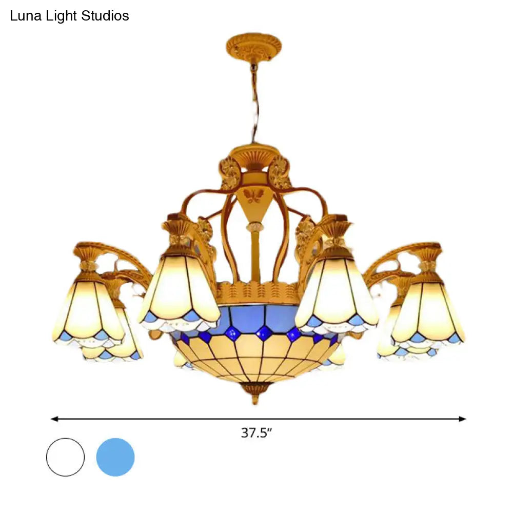 Baroque Style Stained Glass Pendant Chandelier - Wide Cone 8/11 Lights 31.5/37.5 White/Blue