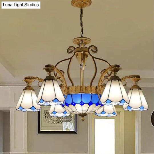 Baroque Style Stained Glass Pendant Chandelier - Wide Cone 8/11 Lights 31.5/37.5 White/Blue