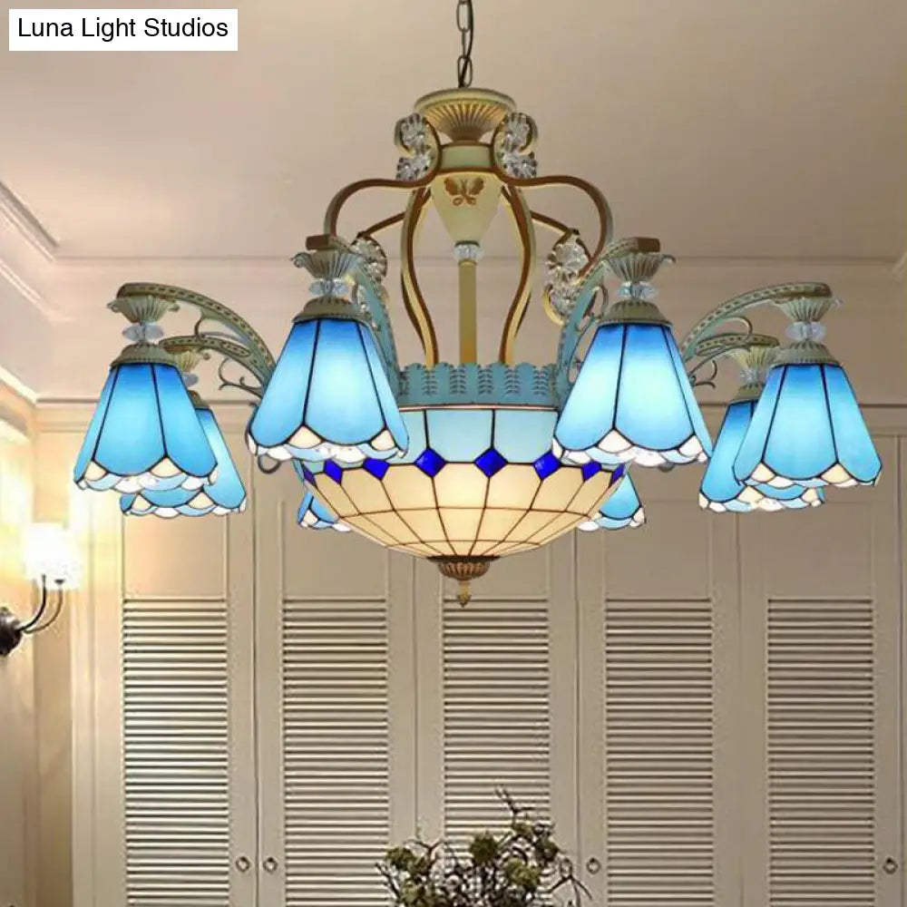 Baroque Style Stained Glass Pendant Chandelier - Wide Cone 8/11 Lights 31.5/37.5 White/Blue