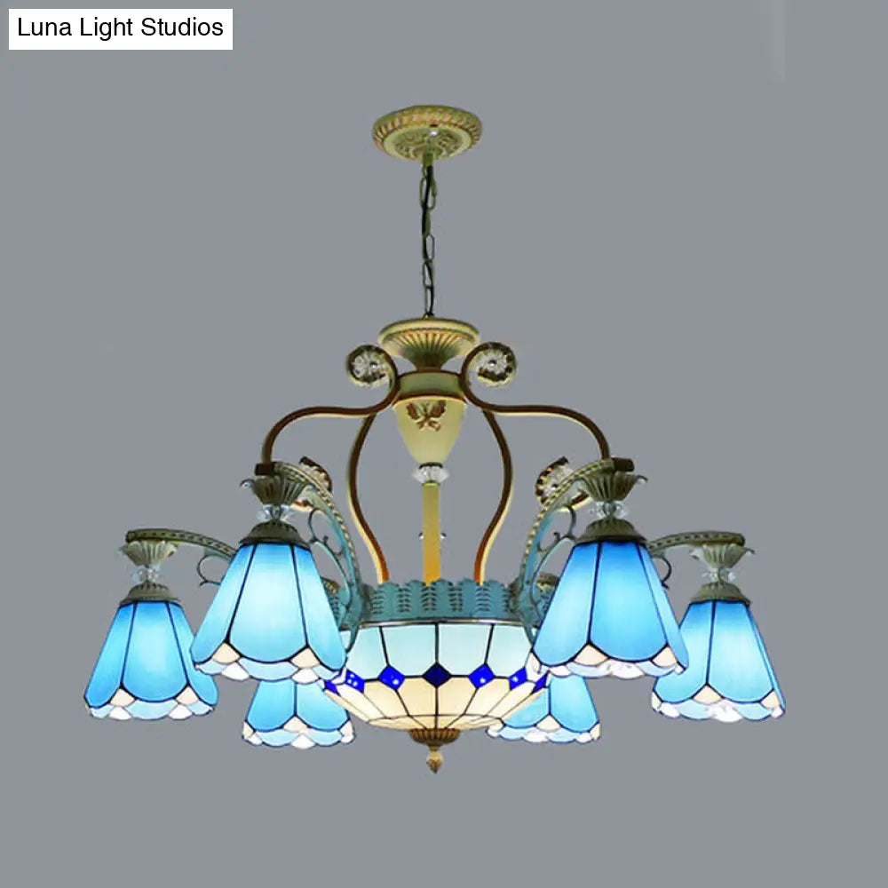 Baroque Style Stained Glass Pendant Chandelier - Wide Cone 8/11 Lights 31.5/37.5 White/Blue