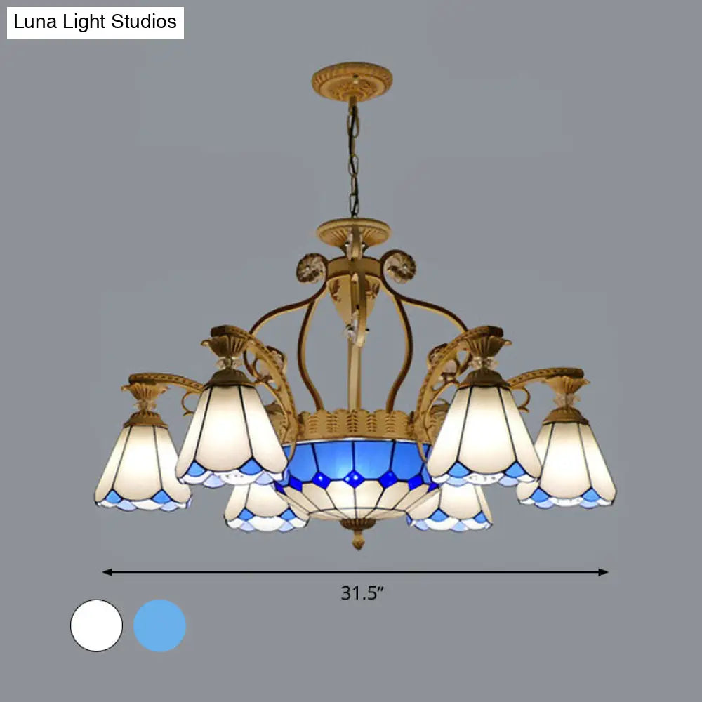 Baroque Style Stained Glass Pendant Chandelier - Wide Cone 8/11 Lights 31.5/37.5 White/Blue