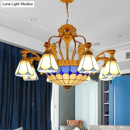 Baroque Style Stained Glass Pendant Chandelier With 8/11 Lights In White/Blue Available