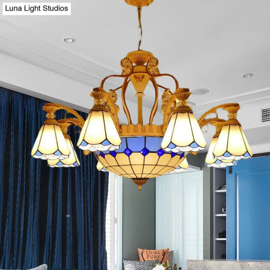 Baroque Style Stained Glass Pendant Chandelier - Wide Cone 8/11 Lights 31.5/37.5 White/Blue