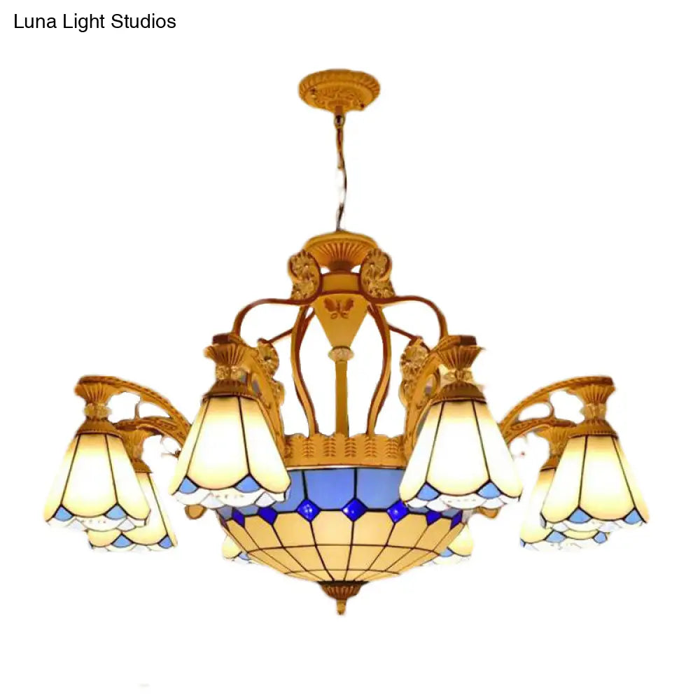 Baroque Style Stained Glass Pendant Chandelier - Wide Cone 8/11 Lights 31.5/37.5 White/Blue