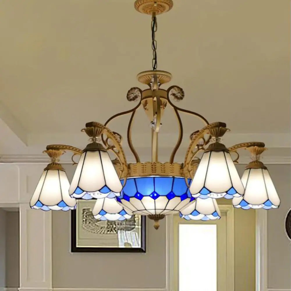 Baroque Style Stained Glass Pendant Chandelier With 8/11 Lights In White/Blue Available