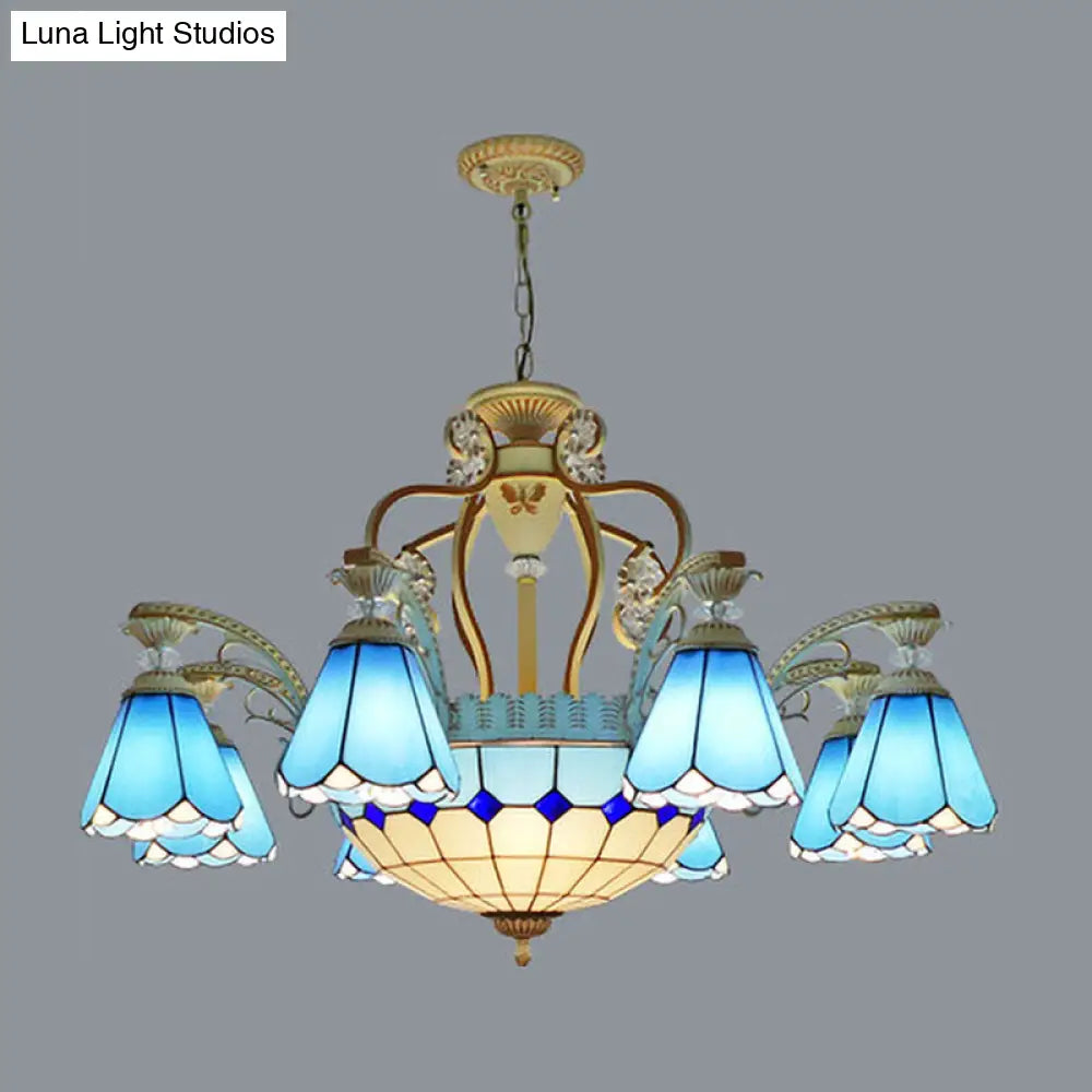 Baroque Style Stained Glass Pendant Chandelier - Wide Cone 8/11 Lights 31.5/37.5 White/Blue