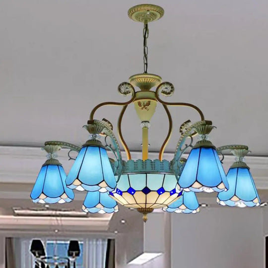 Baroque Style Stained Glass Pendant Chandelier With 8/11 Lights In White/Blue Available