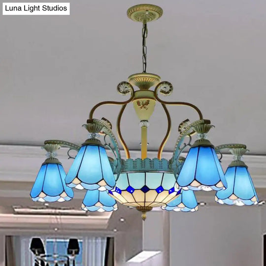 Baroque Style Stained Glass Pendant Chandelier - Wide Cone 8/11 Lights 31.5/37.5 White/Blue