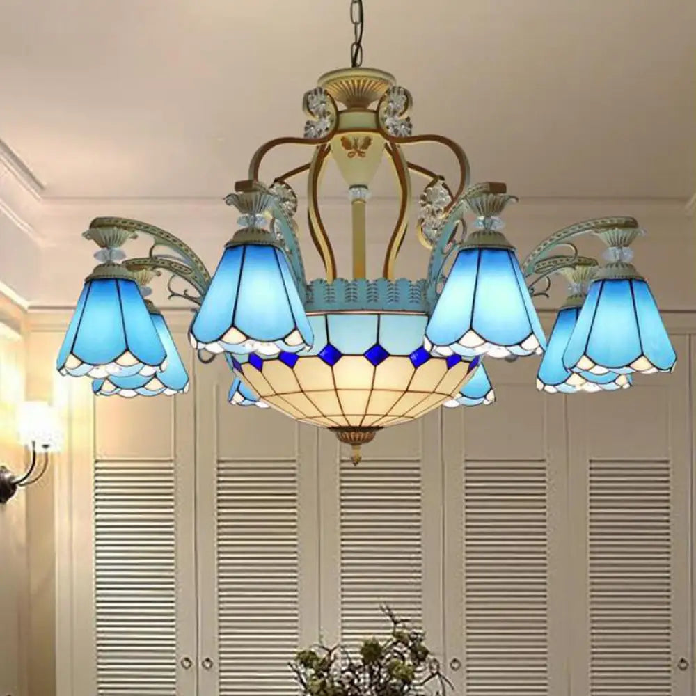 Baroque Style Stained Glass Pendant Chandelier With 8/11 Lights In White/Blue Available