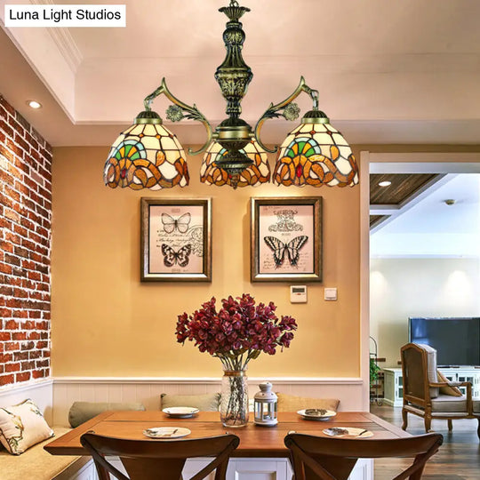 Baroque Style Stained Glass Pendant Lamp With 3 Hanging Lights In Antique Brass