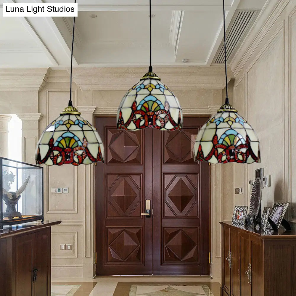 Baroque Style Stained Glass Pendant With 3 Lights - Brown/Black Linear Ceiling Fixture For Dining