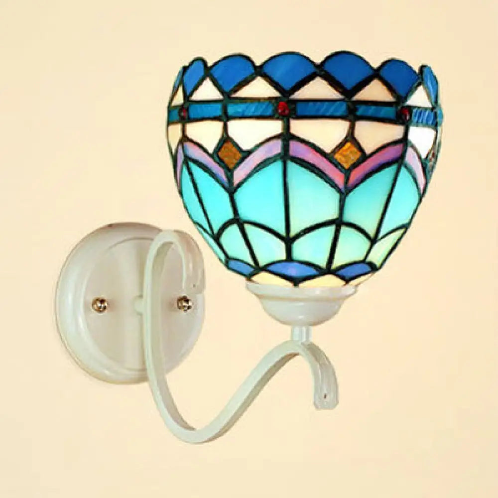 Baroque Style Stained Glass Wall Mount Light In White Finish - Single Lighting Blue