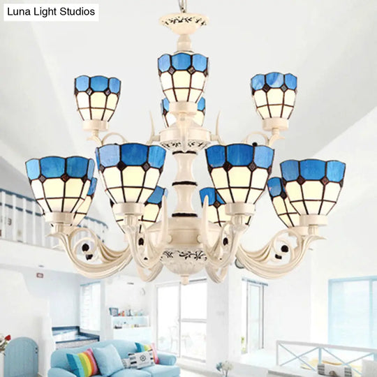 Baroque White Stained Glass Chandelier With Grid Pattern - 12-Light Pendant Lighting Fixture Kit