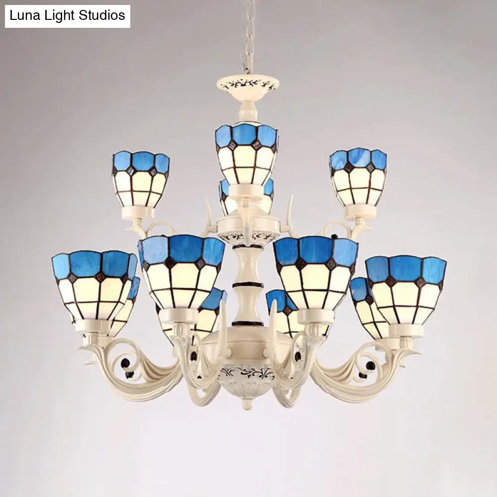 Baroque White Stained Glass Chandelier With Grid Pattern - 12-Light Pendant Lighting Fixture Kit