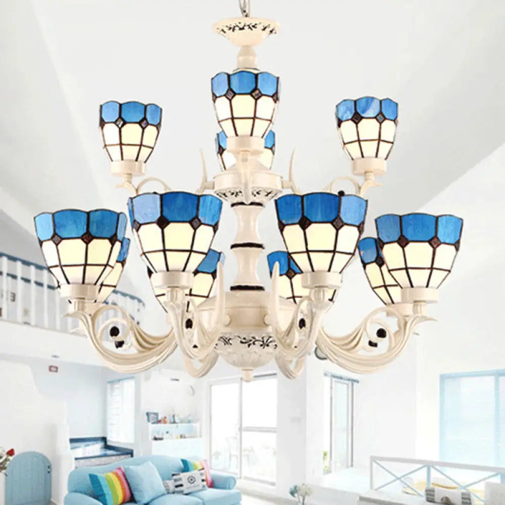 Baroque White Stained Glass Chandelier - 12-Light Grid Pattern Pendant Light Fixture