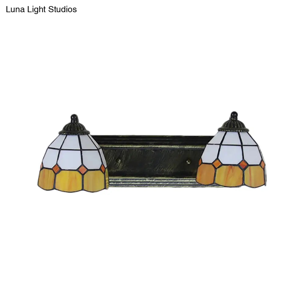 Baroque Yellow And White Glass Sconce Light With Grid Pattern - 2 Head Bronze Wall Mounted