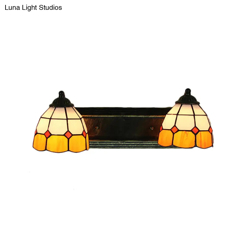 Baroque Yellow And White Glass Sconce Light With Grid Pattern - 2 Head Bronze Wall Mounted