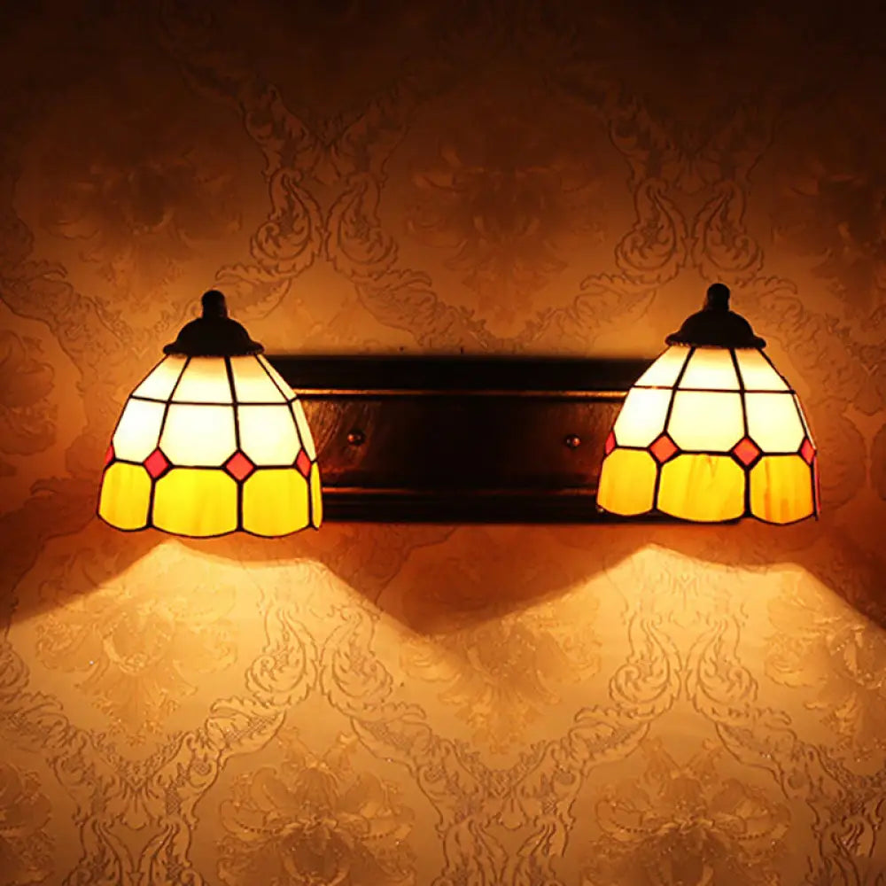 Baroque Yellow And White Glass Sconce Light With Grid Pattern - 2 Head Bronze Wall Mounted