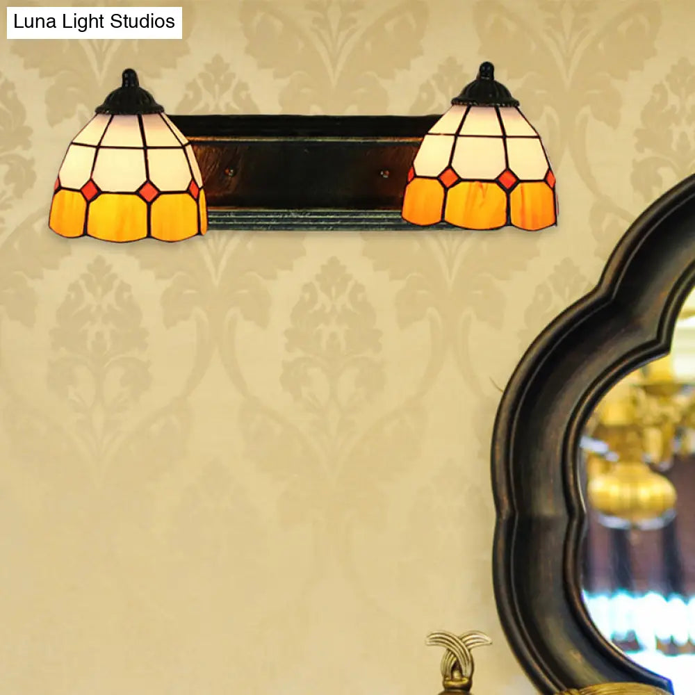 Baroque Yellow And White Glass Sconce Light With Grid Pattern - 2 Head Bronze Wall Mounted