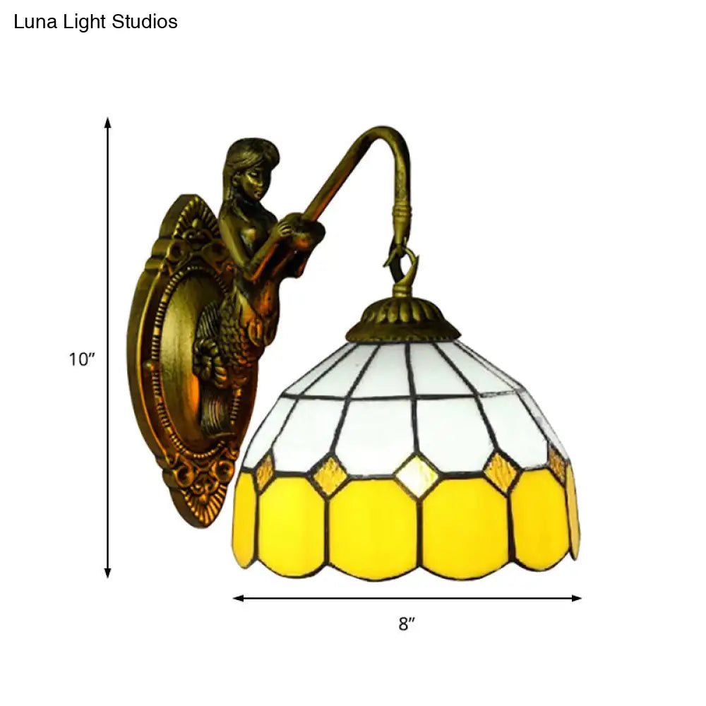 Baroque Yellow & White Glass Sconce Light With Grid Pattern - Brass Wall Mount