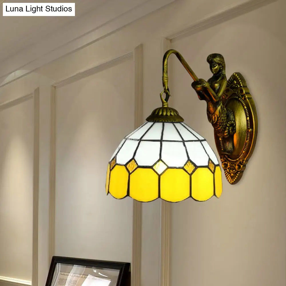 Baroque Yellow & White Glass Sconce Light With Grid Pattern - Brass Wall Mount