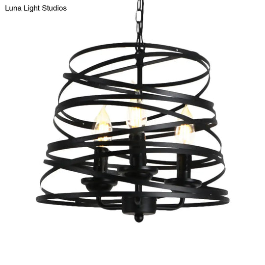 Vintage Black Barrel/Birdcage Chandelier Pendant Light With Wire Guard - 3 Lights For Table