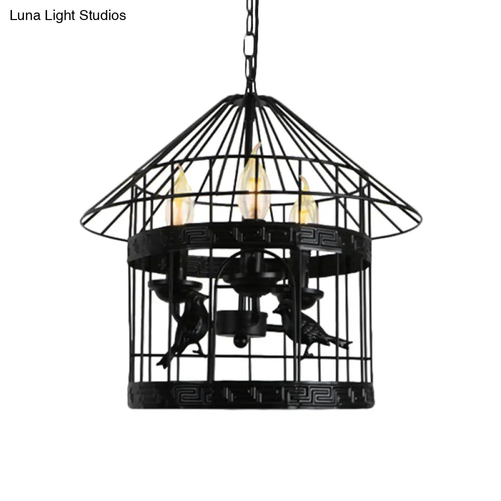 Vintage Black Barrel/Birdcage Chandelier Pendant Light With Wire Guard - 3 Lights For Table