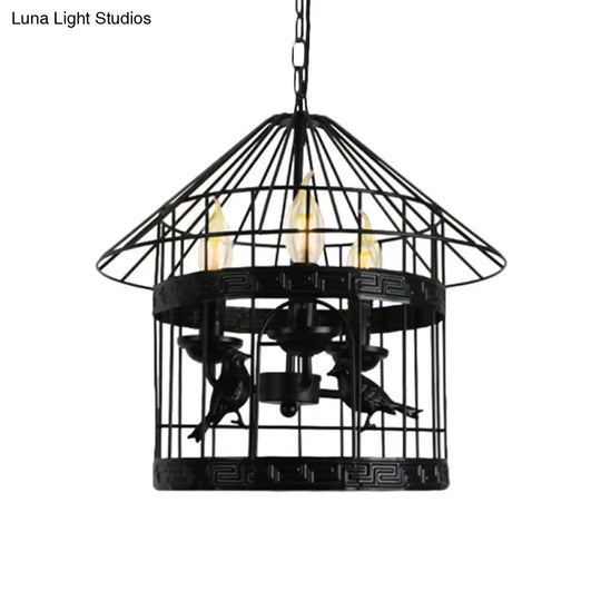 Vintage Black Barrel/Birdcage Chandelier Pendant Light With Wire Guard - 3 Lights For Table