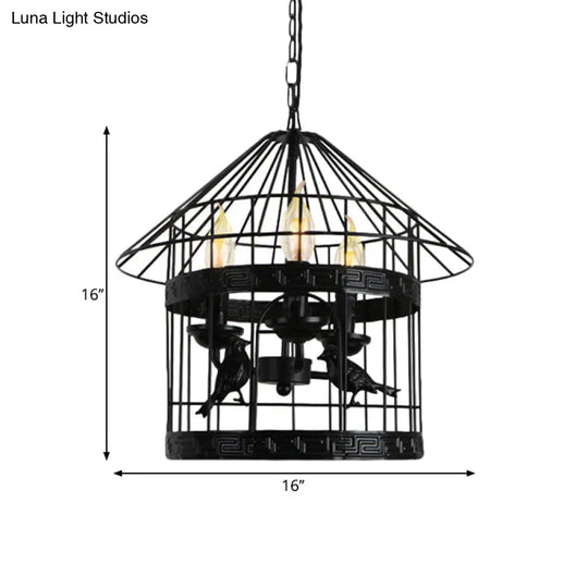 Vintage Black Barrel/Birdcage Chandelier Pendant Light With Wire Guard - 3 Lights For Table