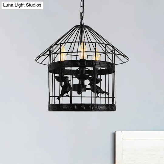 Vintage Black Barrel/Birdcage Chandelier Pendant Light With Wire Guard - 3 Lights For Table