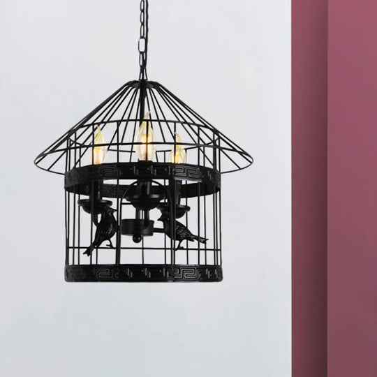 Barrel/Birdcage Chandelier Lighting - Vintage Style Pendant Light 3 Lights Black Metallic Over