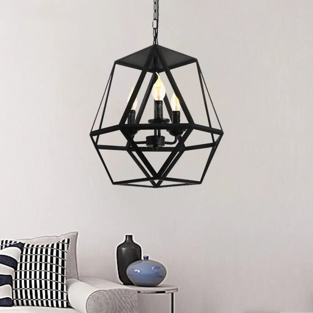 Barrel/Birdcage Chandelier Lighting - Vintage Style Pendant Light 3 Lights Black Metallic Over