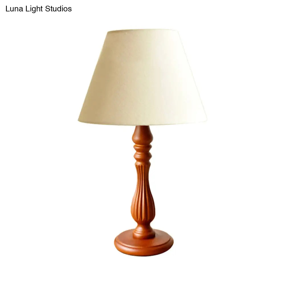 Barrel Desk Lamp With Wood Base - Traditional Fabric White/Flaxen/Beige Design 1 Light Reading For