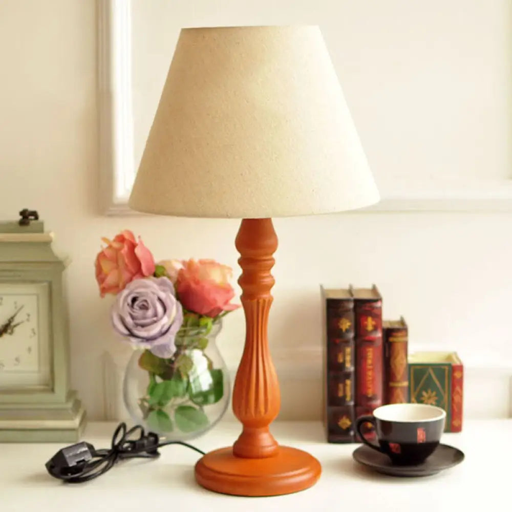 Barrel Desk Lamp With Wood Base - Traditional Fabric White/Flaxen/Beige Design 1 Light Reading For