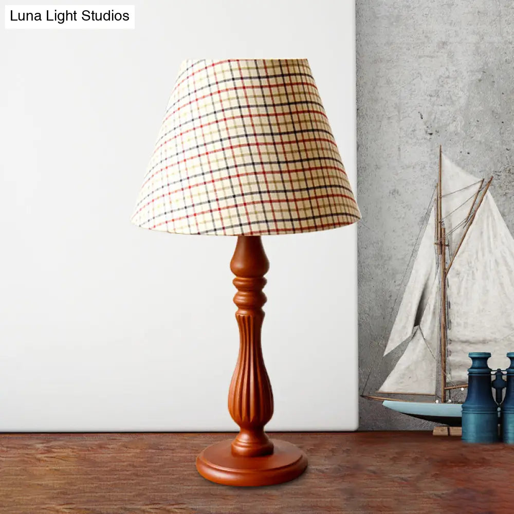 Barrel Shape Desk Lamp - Beige/Tan/Dark Blue Traditional Fabric Bedroom Reading Light With Wood Base