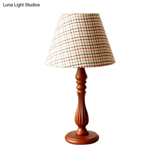 Barrel Shape Desk Lamp - Beige/Tan/Dark Blue Traditional Fabric Bedroom Reading Light With Wood Base