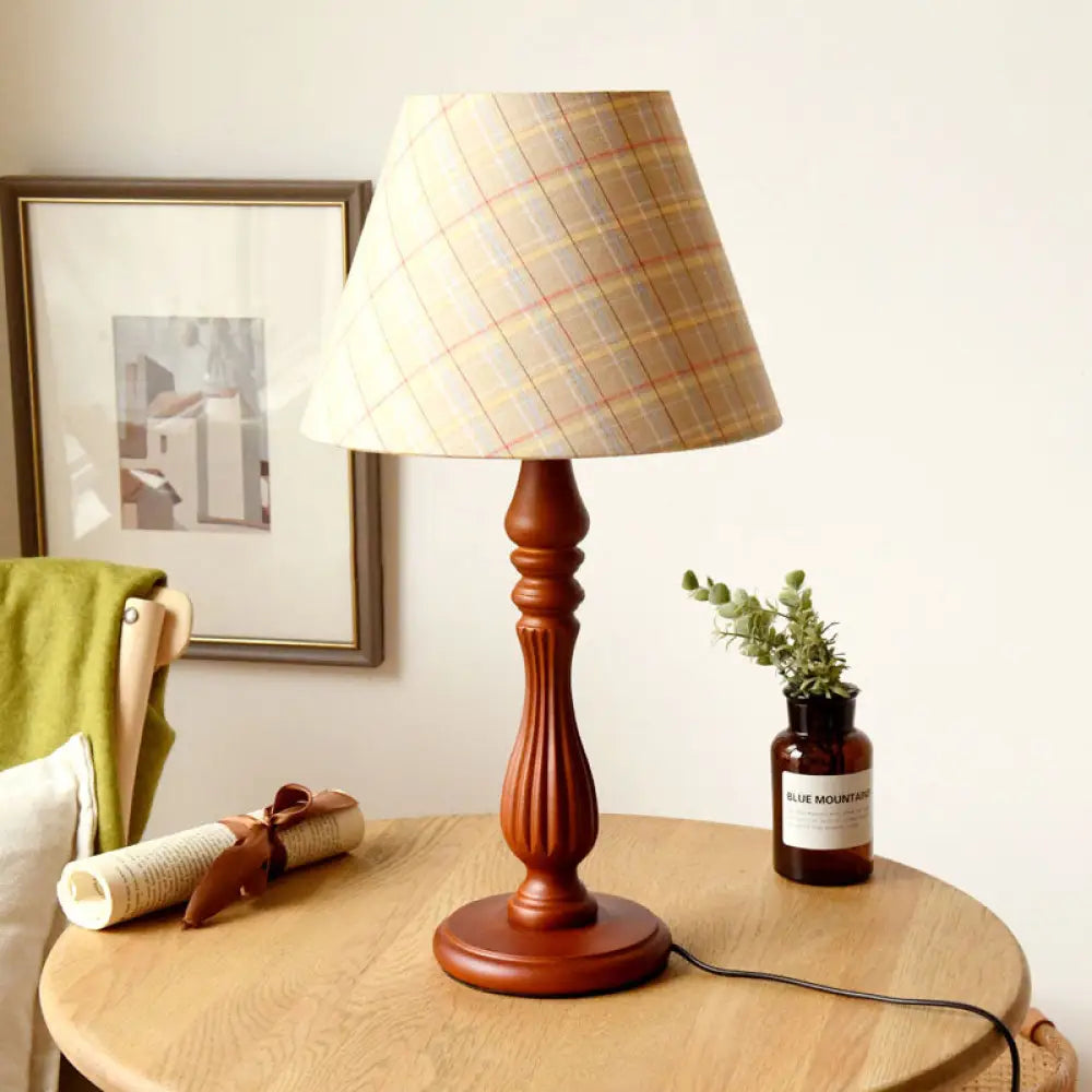 Barrel Shape Desk Lamp - Beige/Tan/Dark Blue Traditional Fabric Bedroom Reading Light With Wood Base