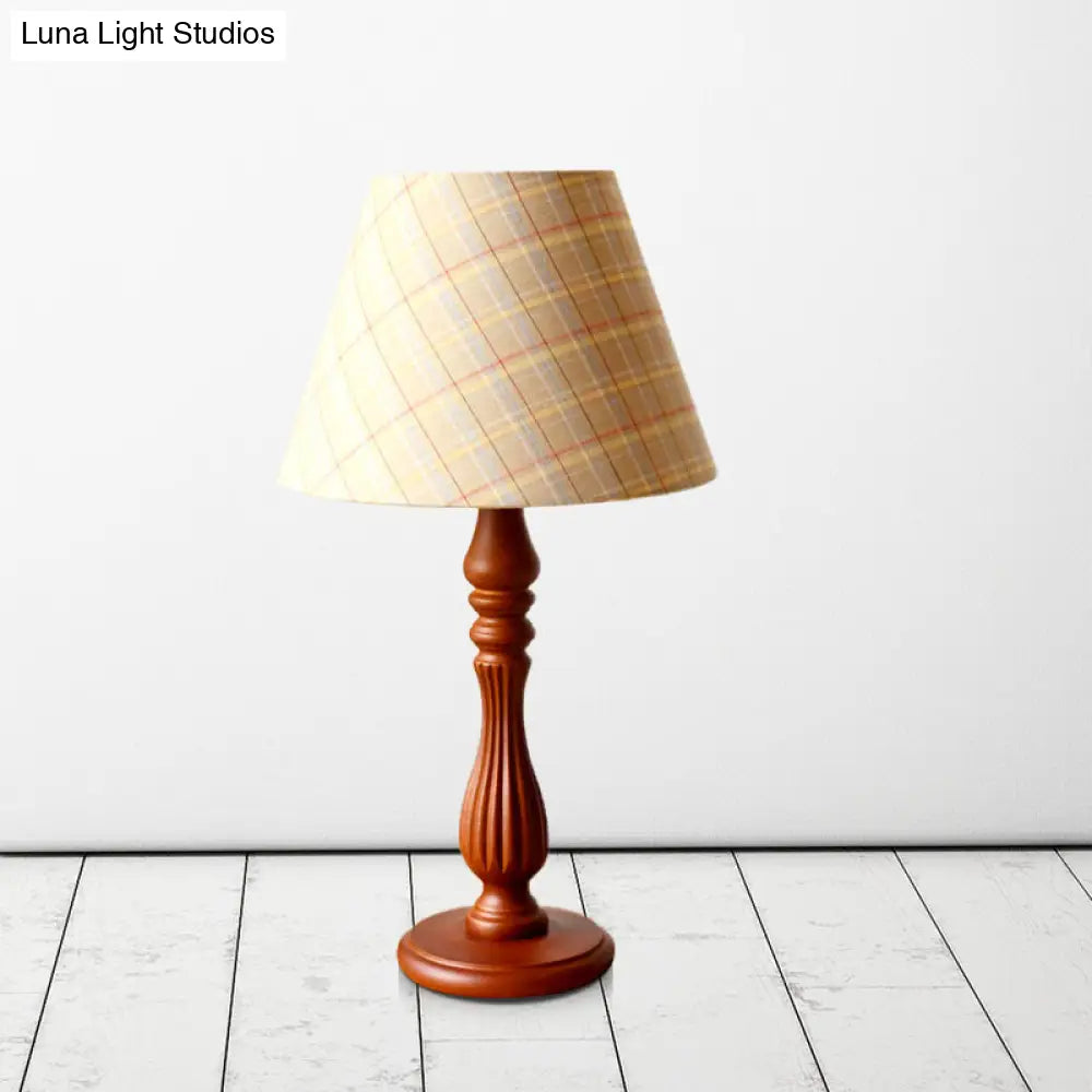 Barrel Shape Desk Lamp - Beige/Tan/Dark Blue Traditional Fabric Bedroom Reading Light With Wood Base