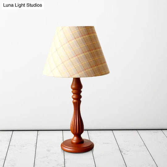 Barrel Shape Desk Lamp - Beige/Tan/Dark Blue Traditional Fabric Bedroom Reading Light With Wood Base