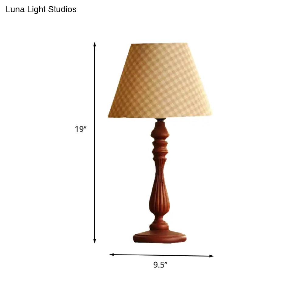 Barrel Shape Desk Lamp - Beige/Tan/Dark Blue Traditional Fabric Bedroom Reading Light With Wood Base