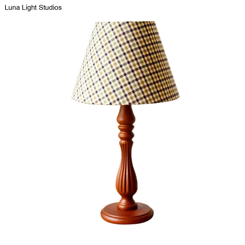 Barrel Shape Desk Lamp - Beige/Tan/Dark Blue Traditional Fabric Bedroom Reading Light With Wood Base