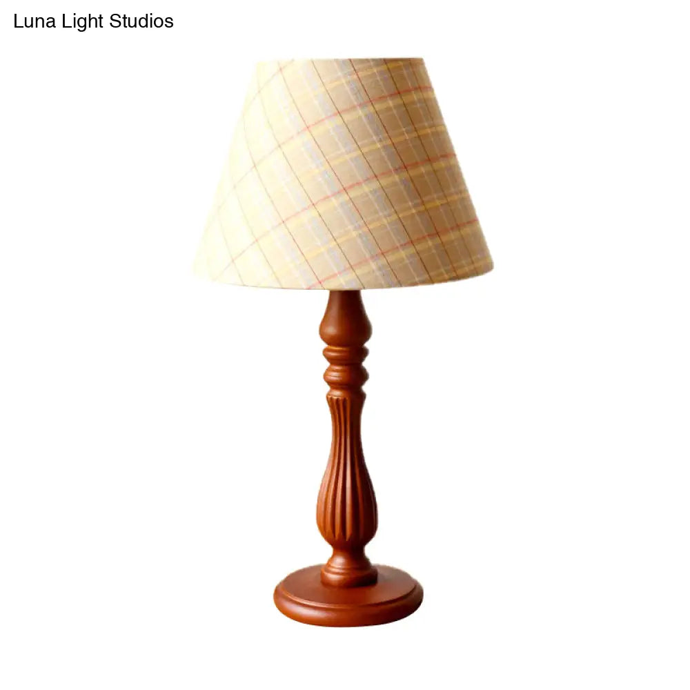 Barrel Shape Desk Lamp - Beige/Tan/Dark Blue Traditional Fabric Bedroom Reading Light With Wood Base