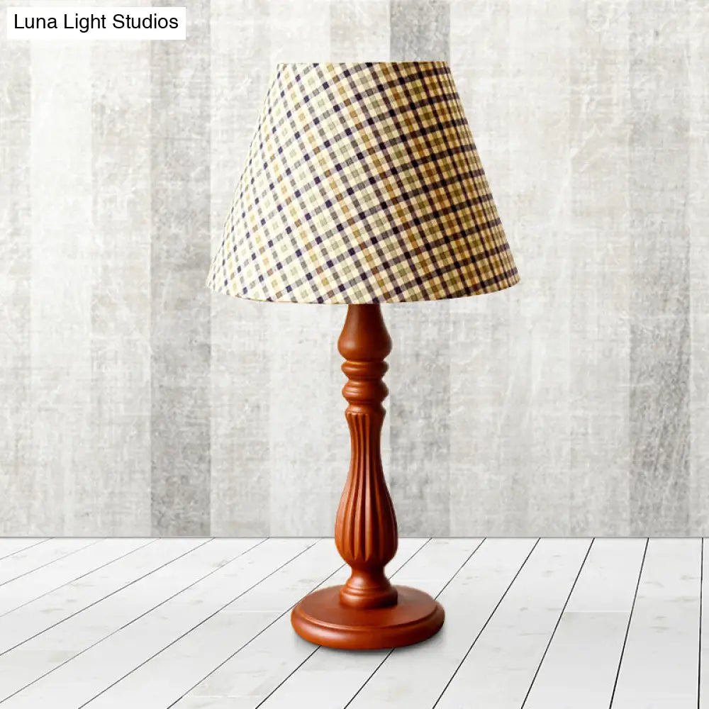 Barrel Shape Desk Lamp - Beige/Tan/Dark Blue Traditional Fabric Bedroom Reading Light With Wood Base