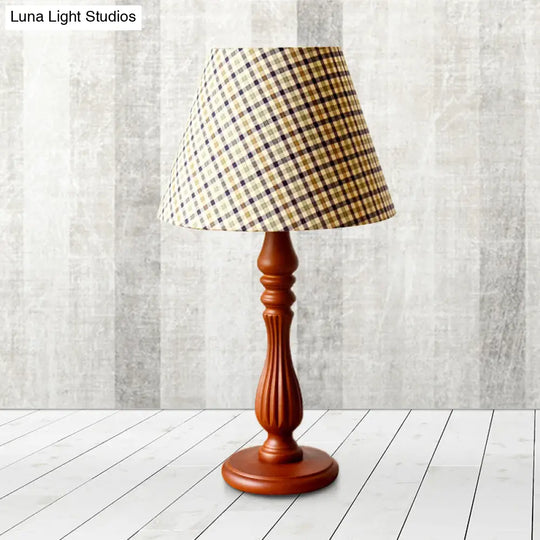 Barrel Shape Desk Lamp - Beige/Tan/Dark Blue Traditional Fabric Bedroom Reading Light With Wood Base