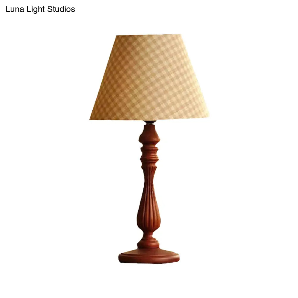 Barrel Shape Desk Lamp - Beige/Tan/Dark Blue Traditional Fabric Bedroom Reading Light With Wood Base