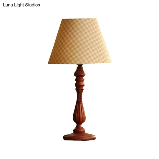 Barrel Shape Desk Lamp - Beige/Tan/Dark Blue Traditional Fabric Bedroom Reading Light With Wood Base