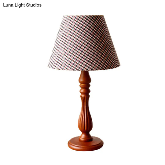 Barrel Shape Desk Lamp - Beige/Tan/Dark Blue Traditional Fabric Bedroom Reading Light With Wood Base